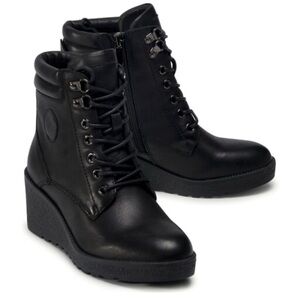 Carmela Black Leather Lace-Up Ankle Wedge Boots